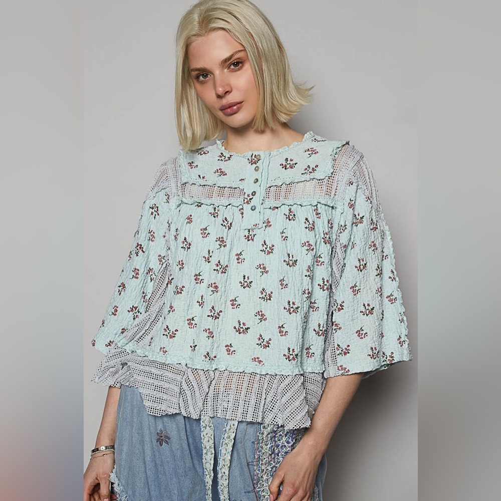 Light Blue Floral Lace-Trim Peasant Top